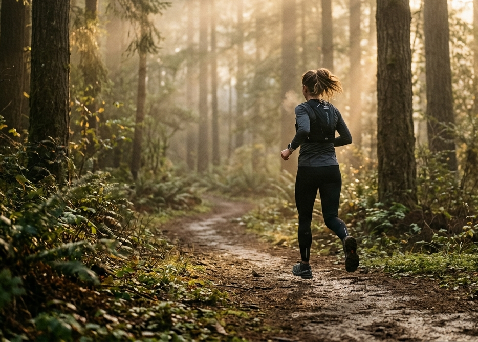 Läufer auf einem Waldweg im Morgenlicht